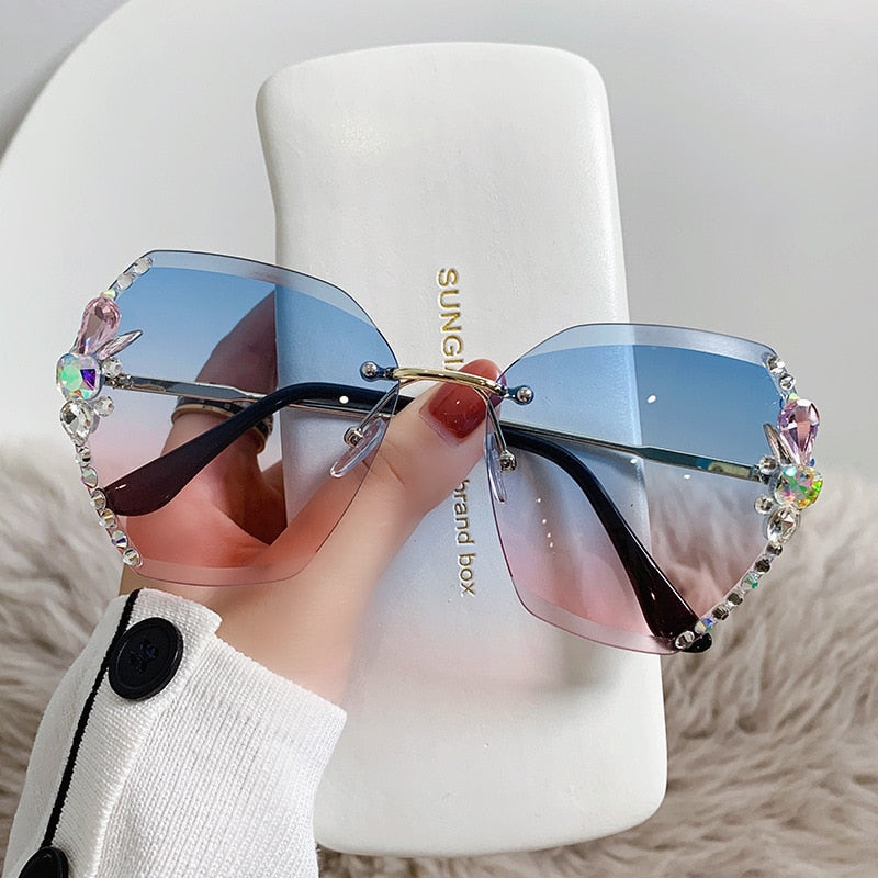 Vintage Rimless Rhinestone Sunglasses Women 2022 Luxury Brand Design Fashion Gradient Lens Sun Glasses Men Shades for Female