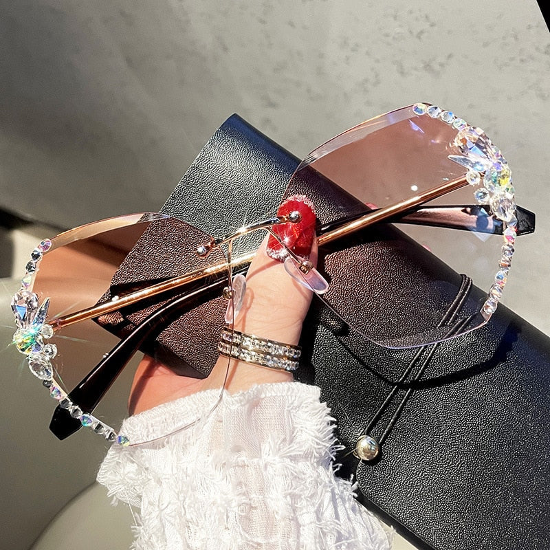 Vintage Rimless Rhinestone Sunglasses Women 2022 Luxury Brand Design Fashion Gradient Lens Sun Glasses Men Shades for Female